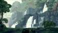 Пиксельный водопад в скалистом лесу