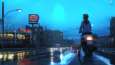 Вечерний город в дождь и девушка на скутере