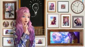 Serafina from League of Legends on the background of the wall with her photos