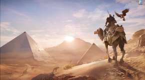 Bayek from Siwa on a camel at the pyramids in Assassins Creed Origins
