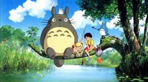 Mei, Satsuki and Totoro are sitting on a branch and catching crayfish in My neighbor Totoro