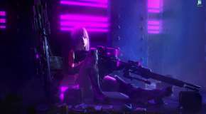 Девушка снайпер сидит под фиолетовым неоном Ver.2