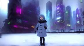 A girl in a snowy city