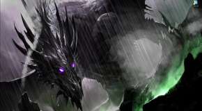 A black dragon with purple eyes
