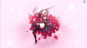 2B with a katana lies on the roses from the game NieR Automata
