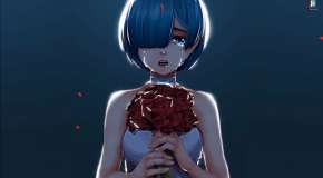Rem cries with a bouquet of roses from the anime Re Zero