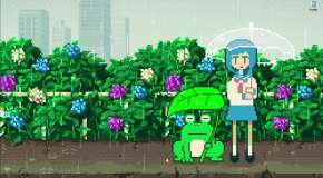 Девушка с лягушкой под дождем возле цветов