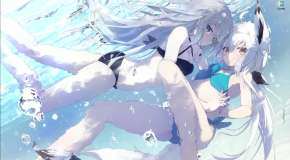 Two anime girls in bikinis swim underwater