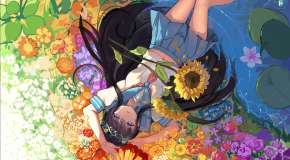 Синеглазая девушка в школьной форме лежит в цветах